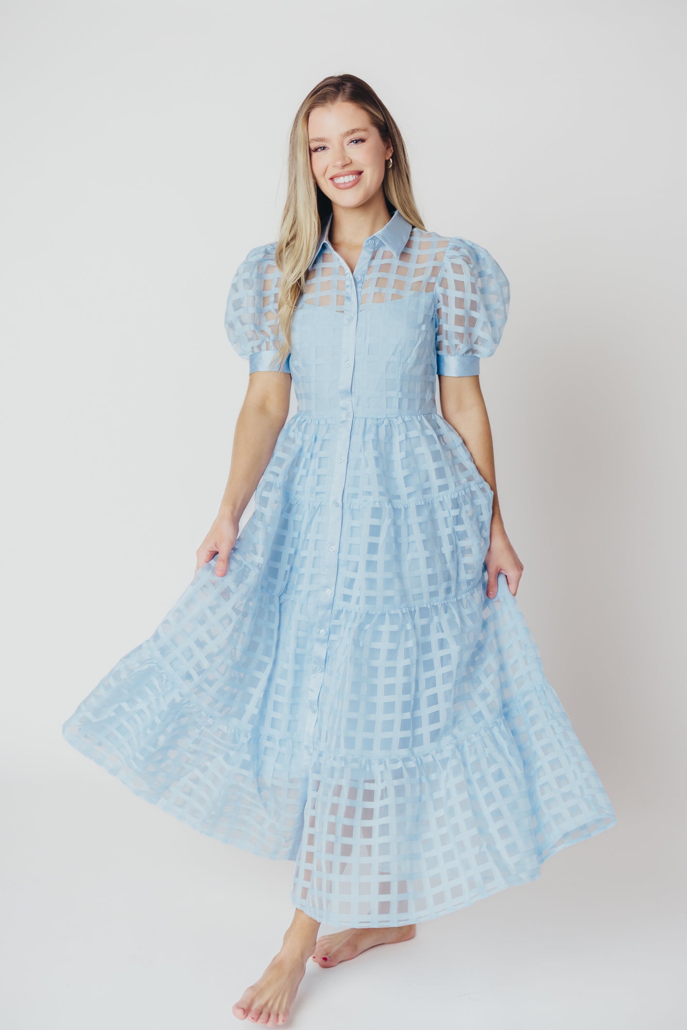 Maude Organza Tiered Maxi Dress with Grid Pattern in Powder Blue