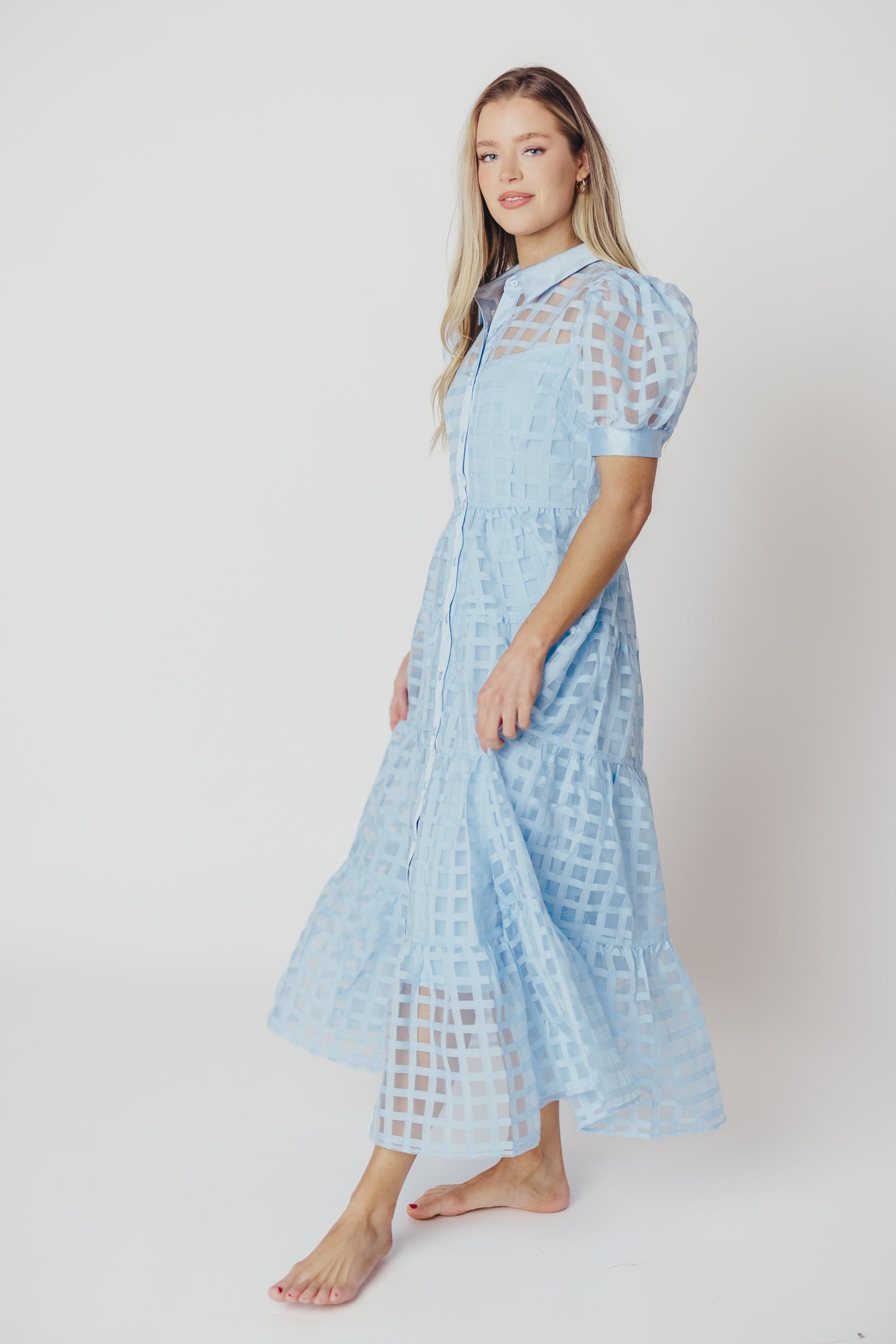 Maude Organza Tiered Maxi Dress with Grid Pattern in Powder Blue