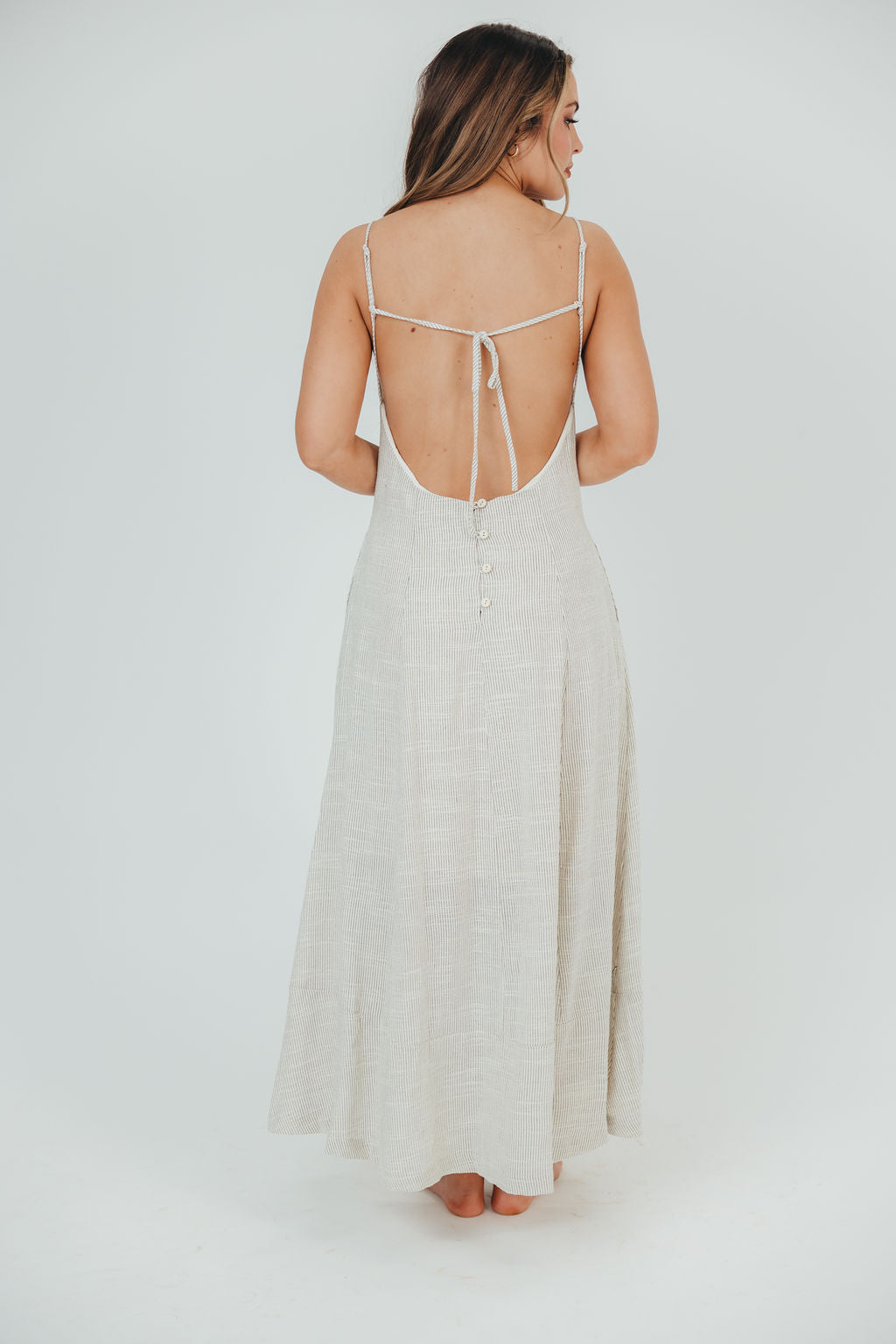 Natalia Striped Linen-Blend Maxi Dress with Open Back in Natural Stripe