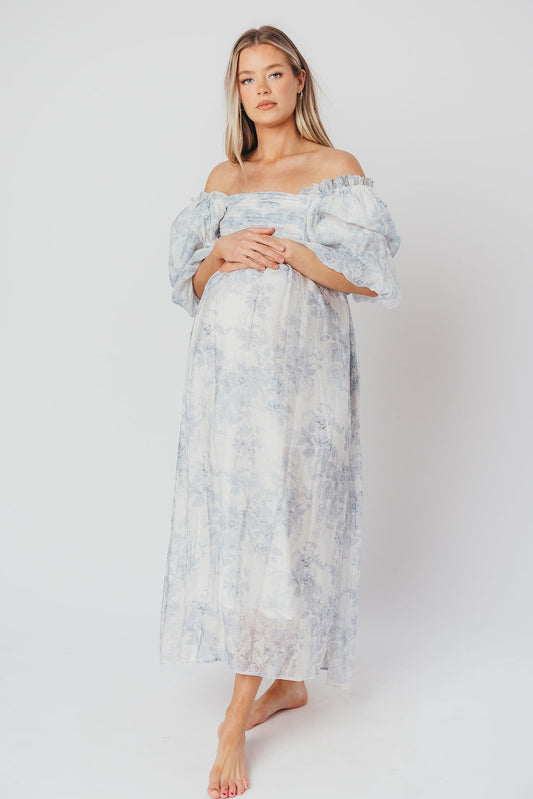 Melody Maxi Dress with Pleats and Bow Detail in Blue Floral - Bump Friendly & Inclusive Sizing (S-3XL)
