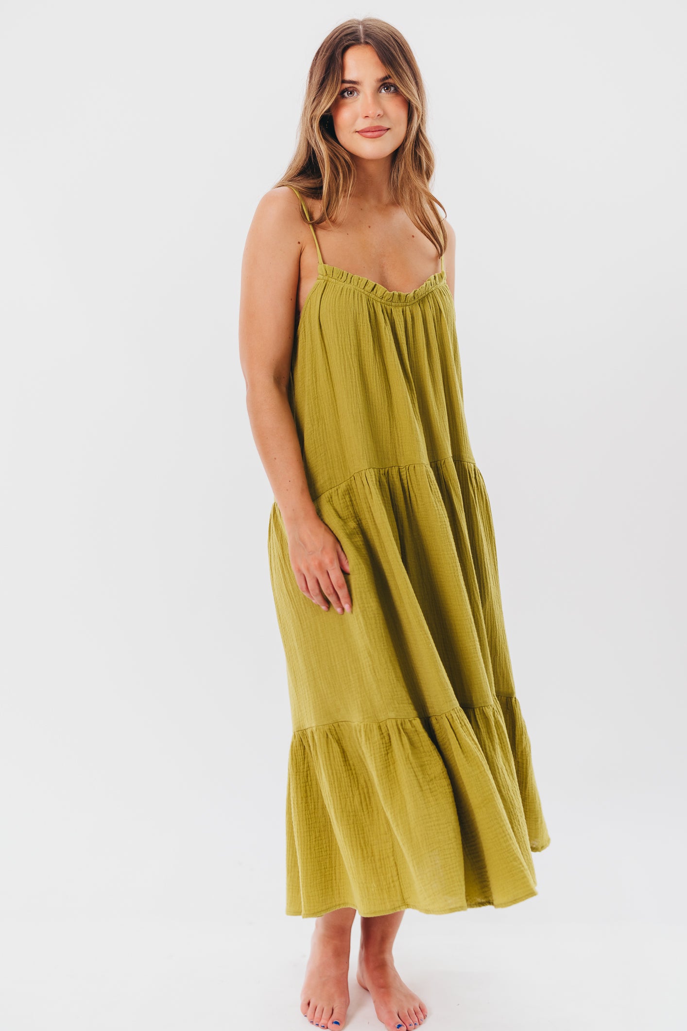 Arabella Gauze Maxi Dress with Tiered Skirt in Golden Lime - Bump Friendly