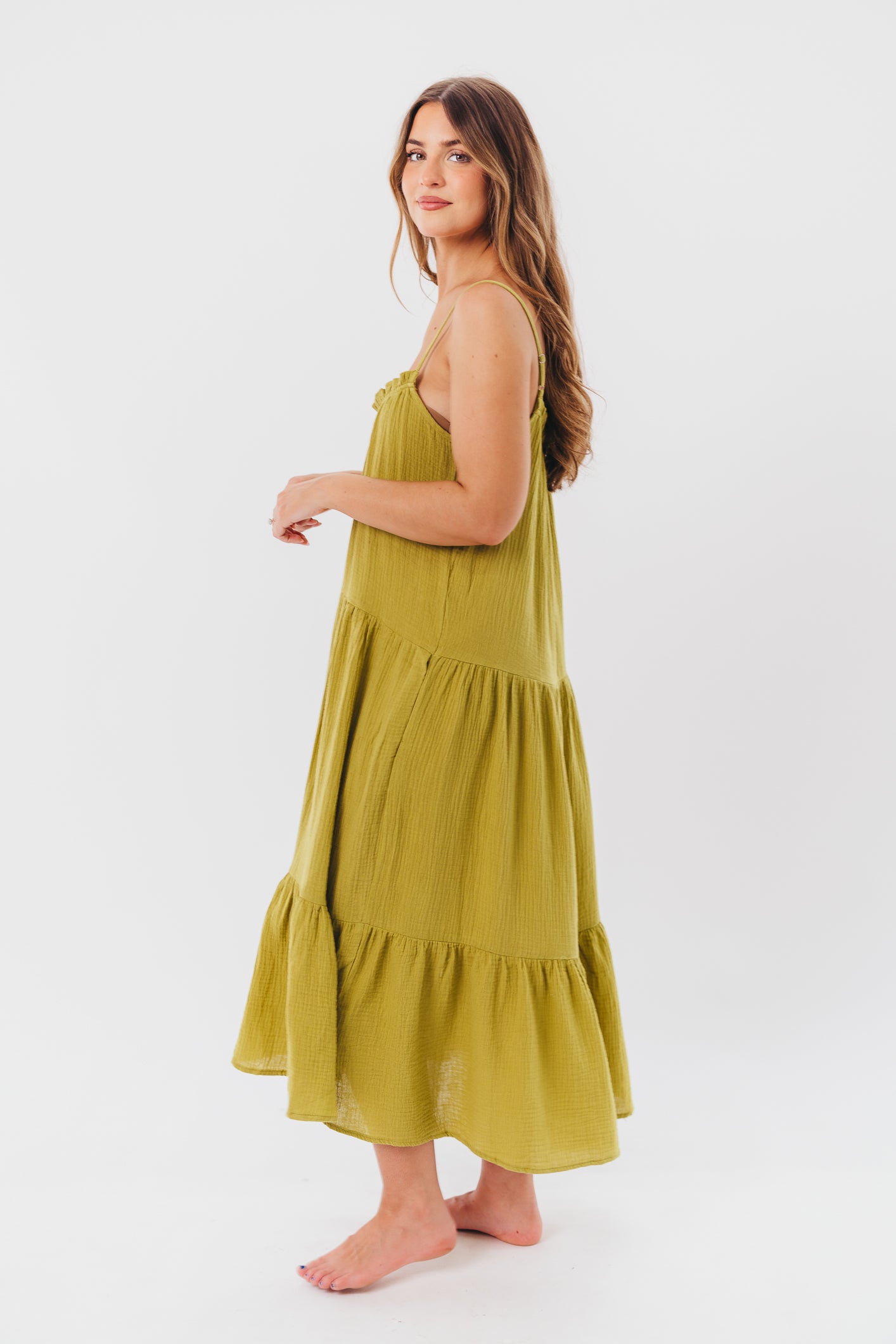 Arabella Gauze Maxi Dress with Tiered Skirt in Golden Lime - Bump Friendly