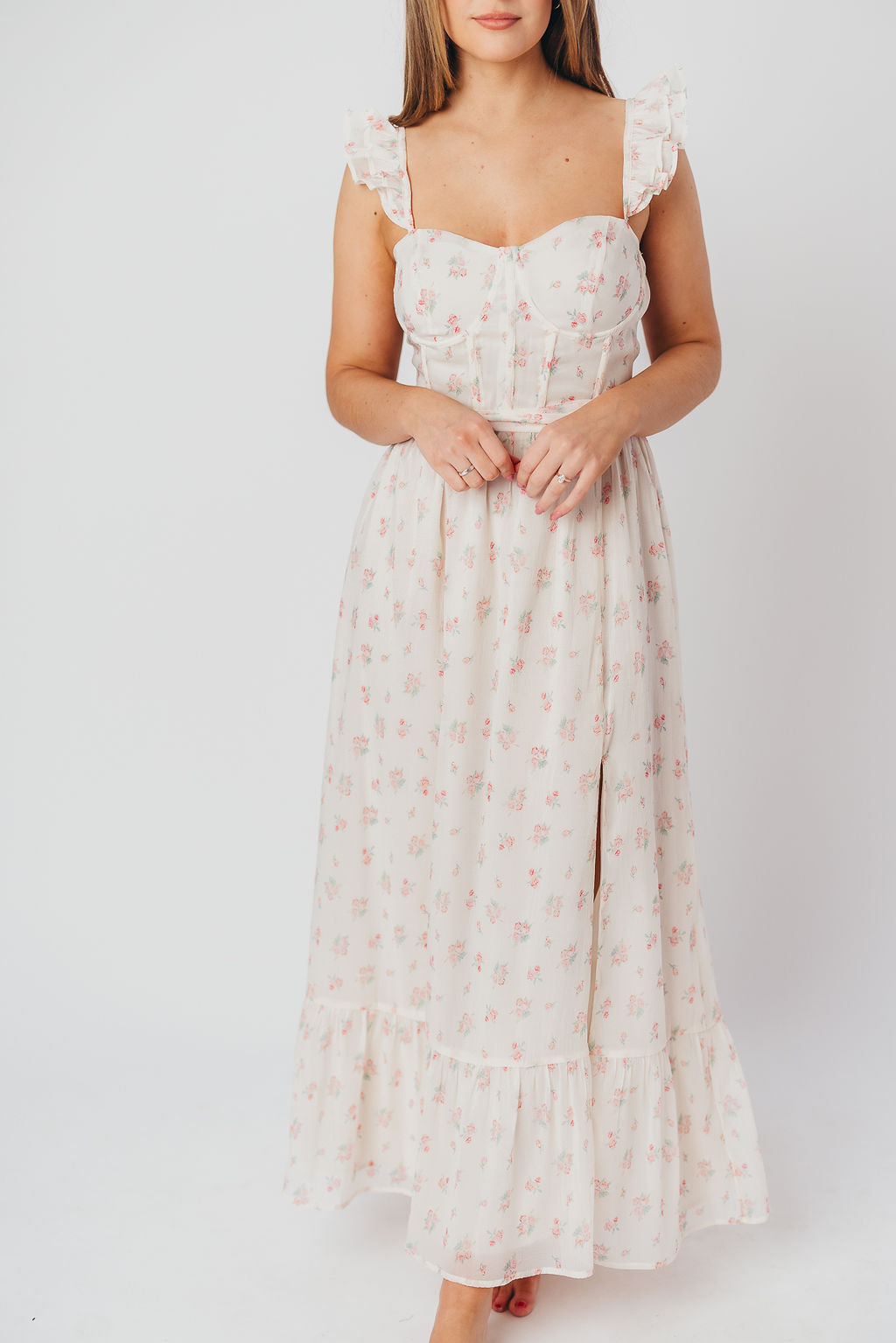 Rosamund Bustier-Style Maxi Dress in Blush Pink Floral - Bump Friendly