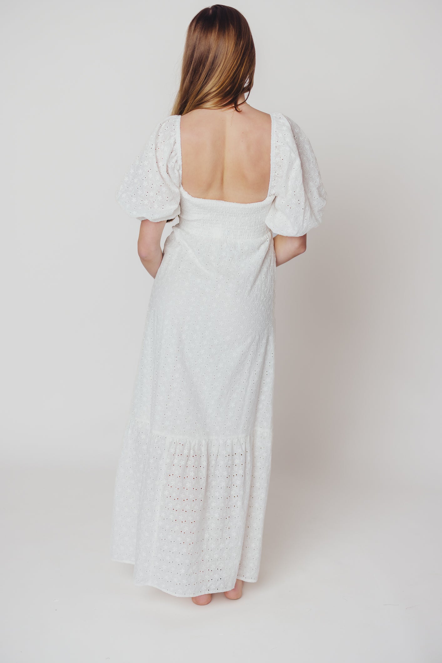 Whitney 100% Cotton Eyelet Maxi Dress in White - Nursing Friendly