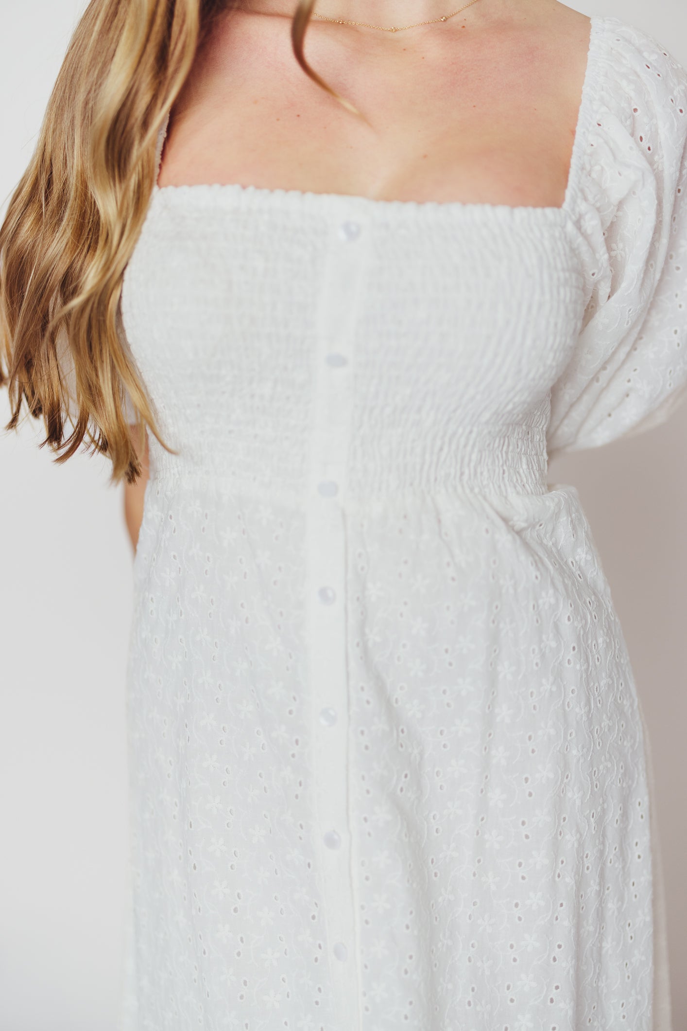 Whitney 100% Cotton Eyelet Maxi Dress in White - Nursing Friendly
