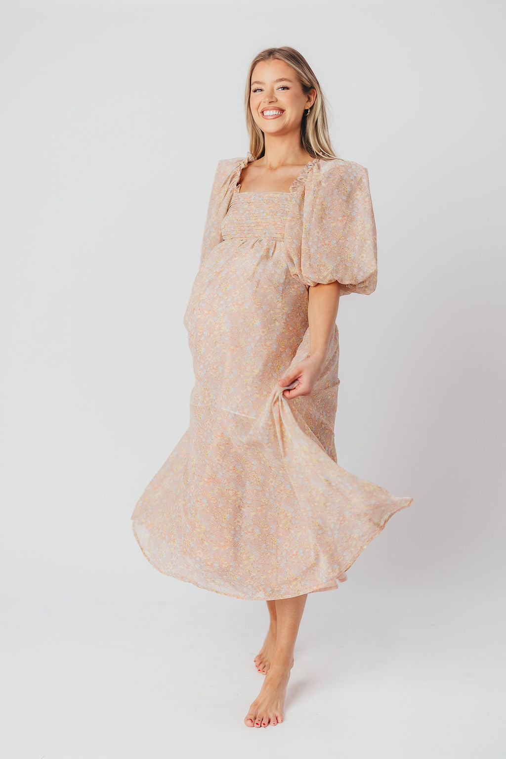 Melody Maxi Dress with Pleats and Bow Detail in Mauve Floral - Bump Friendly & Inclusive Sizing (S-3XL)