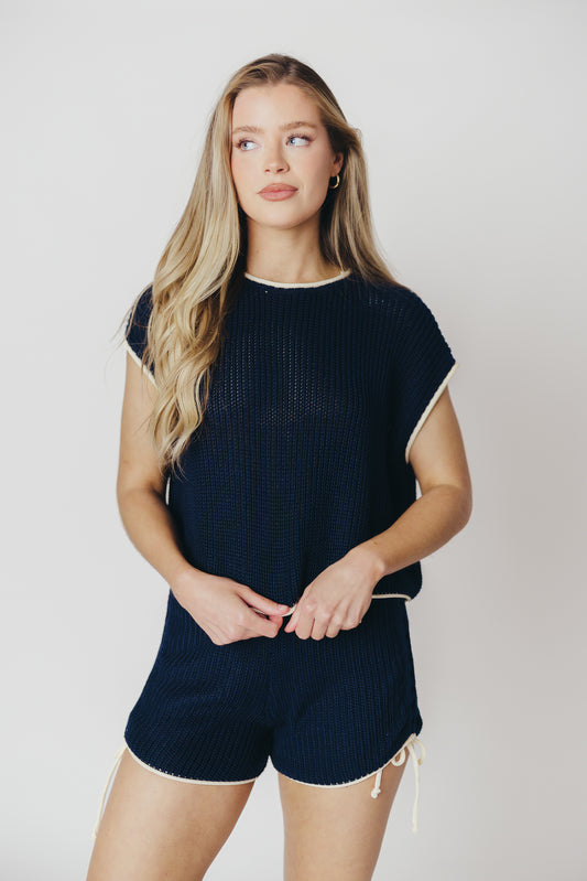 Yvonne Ruched Knit Top and Shorts Set with Contrast Detail in Navy/Ivory