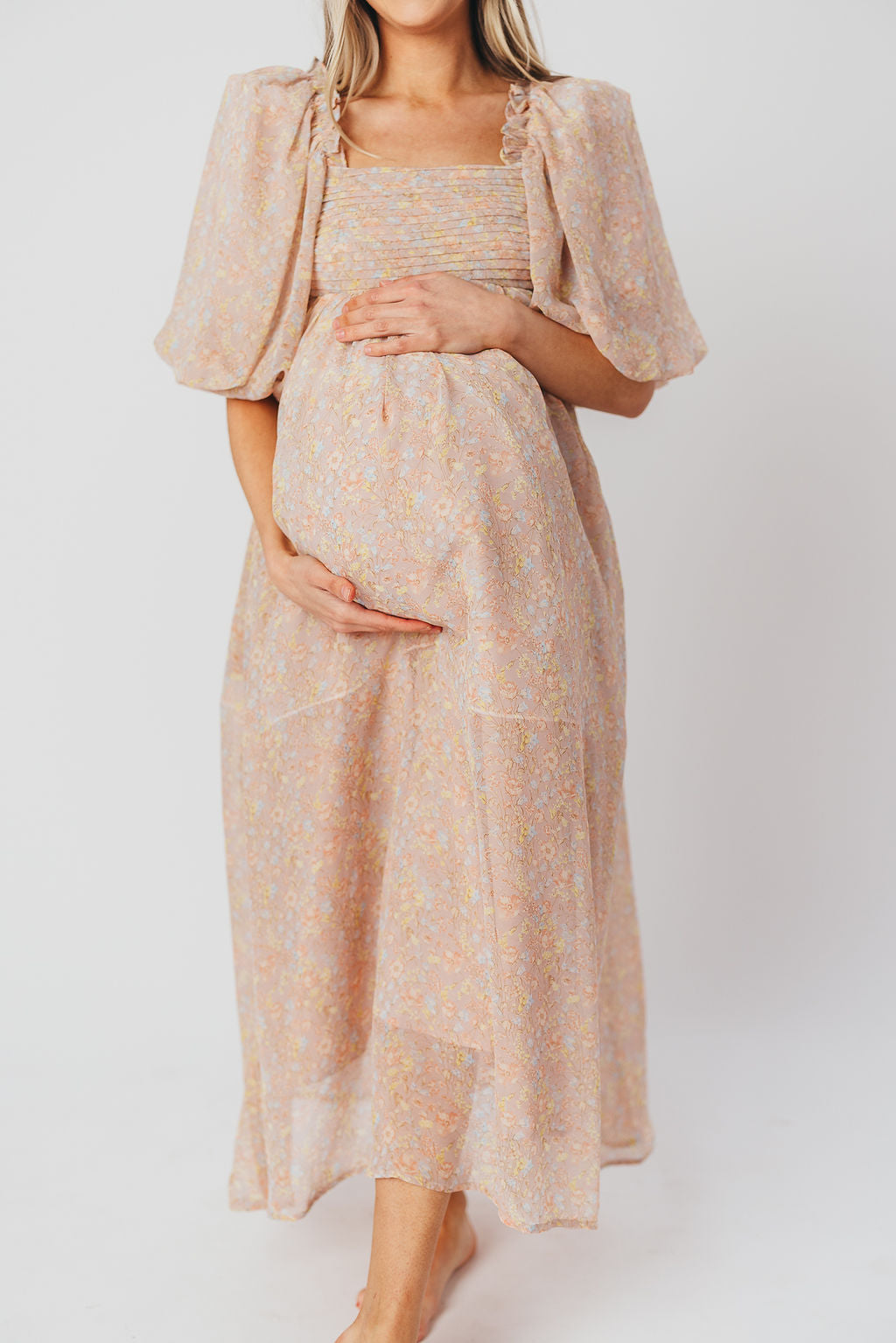 Melody Maxi Dress with Pleats and Bow Detail in Mauve Floral - Bump Friendly & Inclusive Sizing (S-3XL)