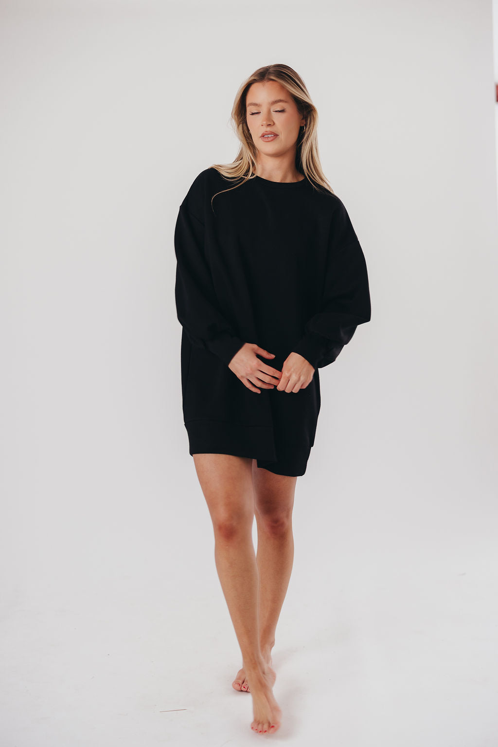 Heather Scuba Modal Dropped Shoulder Mini Dress in Black
