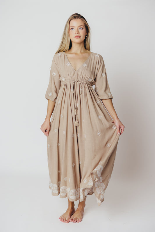 Janette Embroidered Midi Dress in Linen Beige