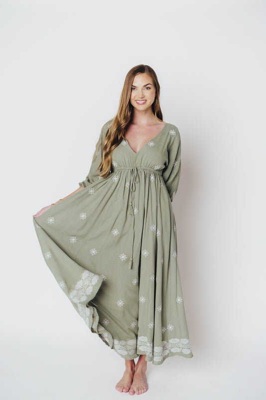Janette Embroidered Midi Dress in Light Olive