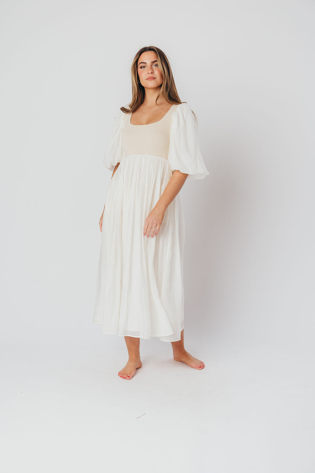 Raina Combination Midi Dress with Puff Sleeves in Natural - Bump Friendly