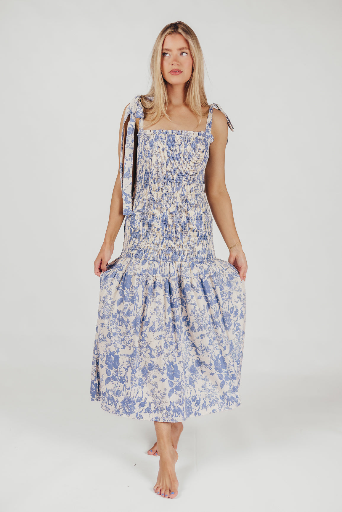 Marianne Toile Print Midi Dress with Smocking and Tie Accents in Blue - Bump Friendly