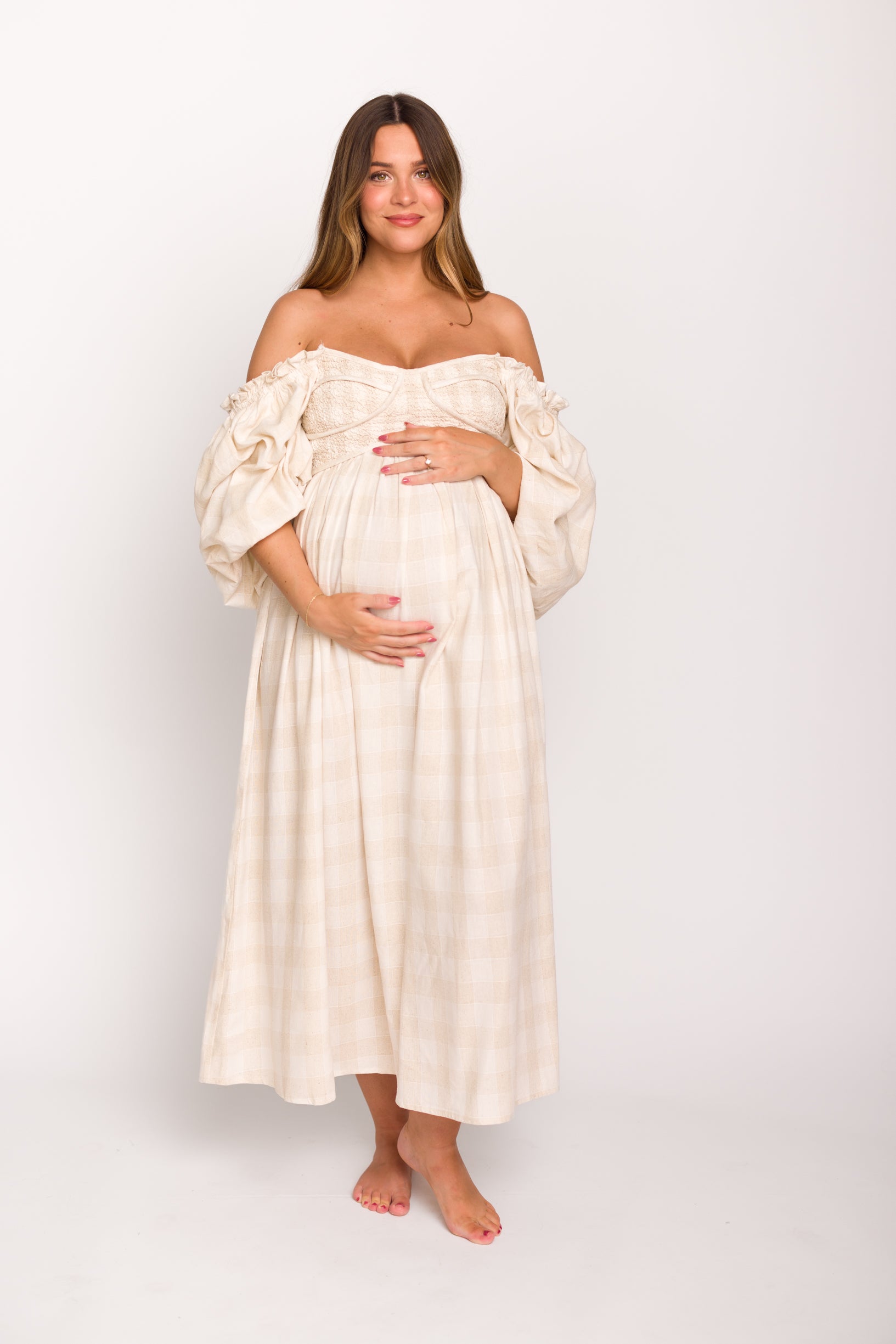 Harlow Maxi Dress in Natural Plaid - Bump Friendly – Worth Collective