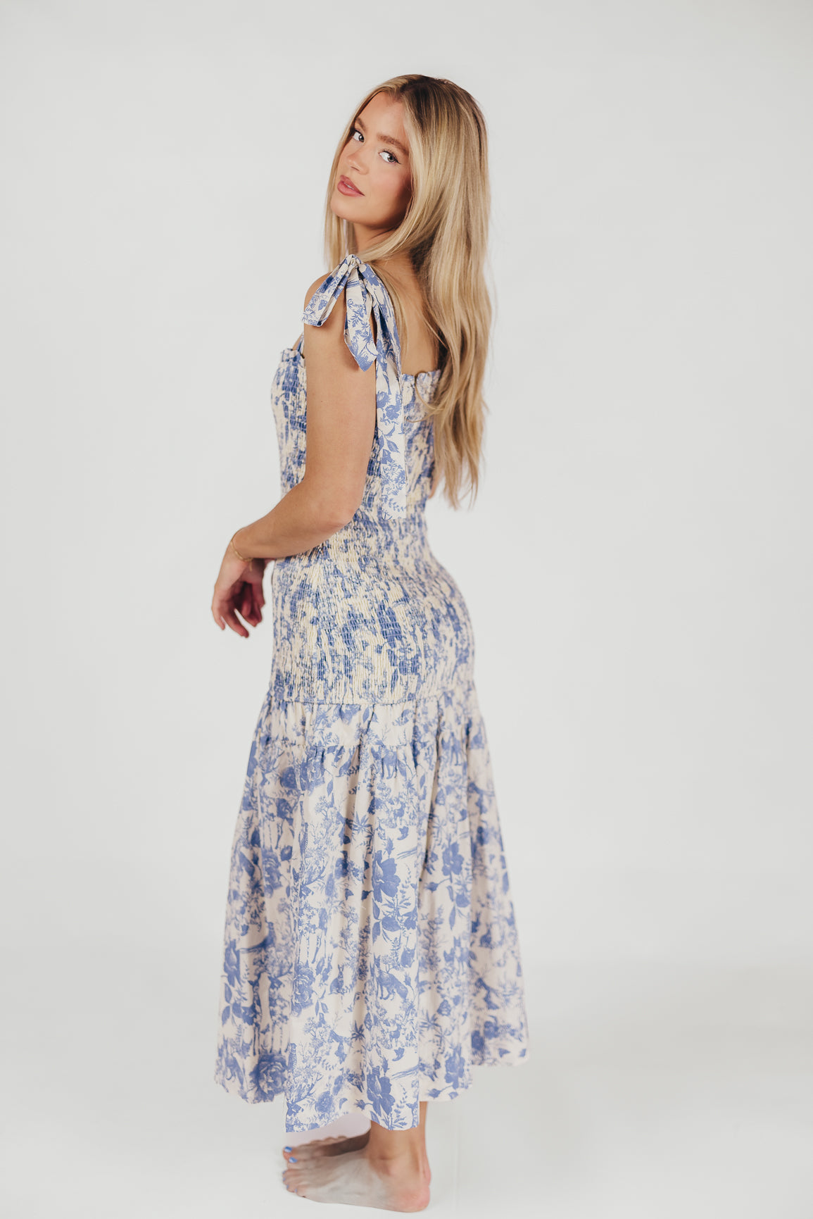 Marianne Toile Print Midi Dress with Smocking and Tie Accents in Blue - Bump Friendly