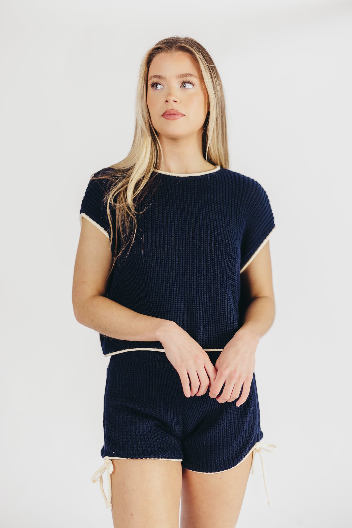 Yvonne Ruched Knit Top and Shorts Set with Contrast Detail in Navy/Ivory