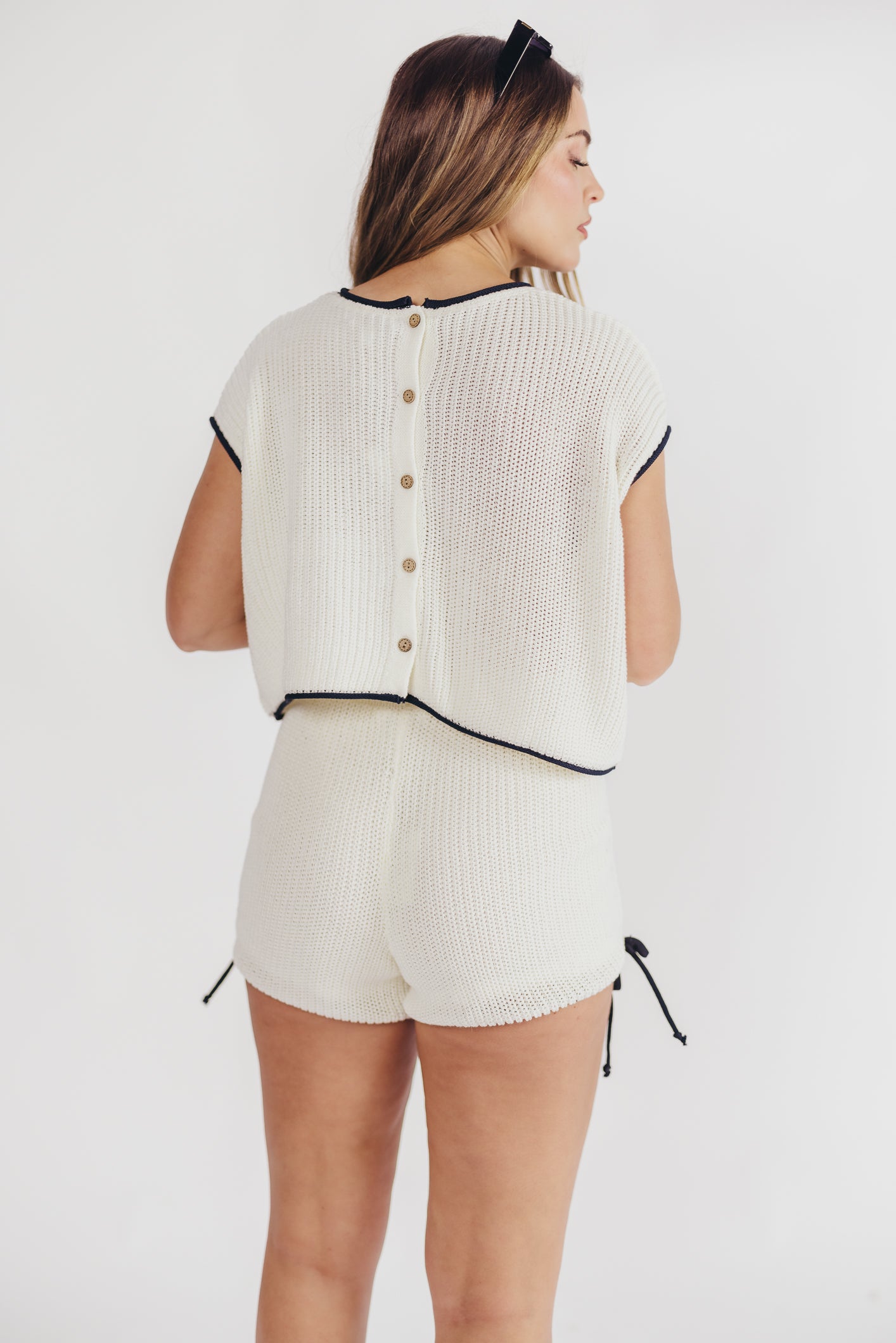 Yvonne Ruched Knit Top and Shorts Set with Contrast Detail in White/Navy