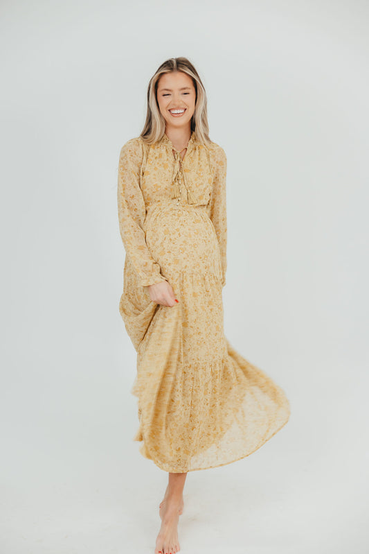 Mallory Long-Sleeved Maxi Dress with Tassel in Yellow Floral - Bump Friendly (S-XL)