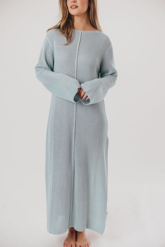 Kara Linen-Blend Knit Maxi Dress in Dusty Blue