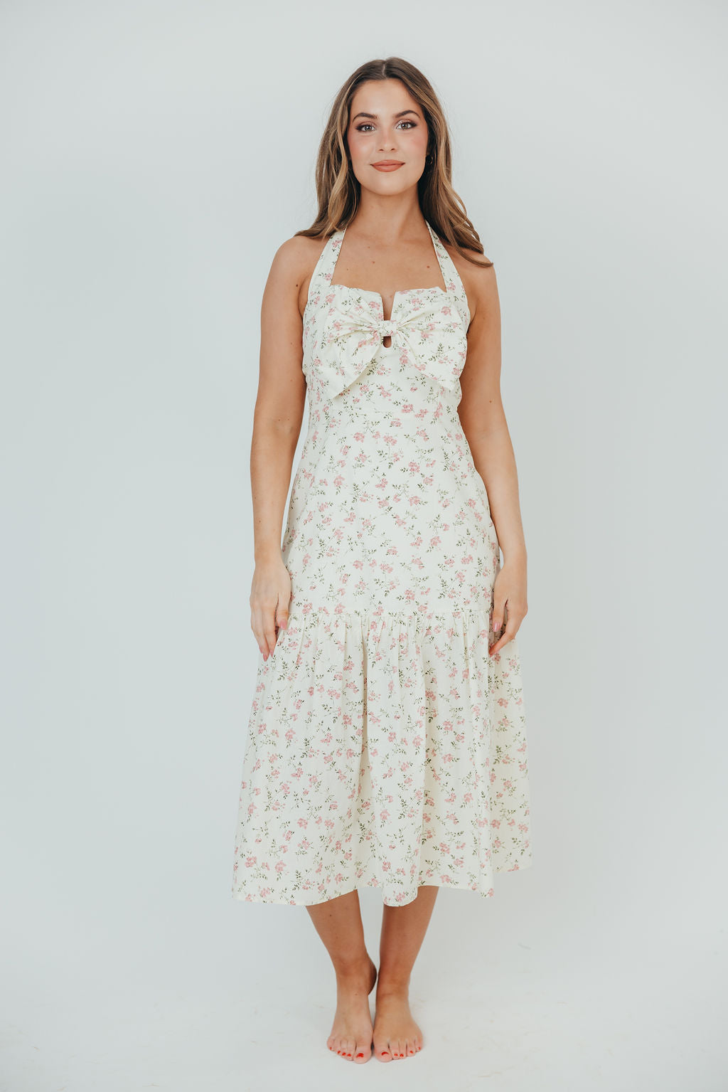 Taylor 100% Cotton Midi Dress with Bow Detail in Cream & Pink Floral
