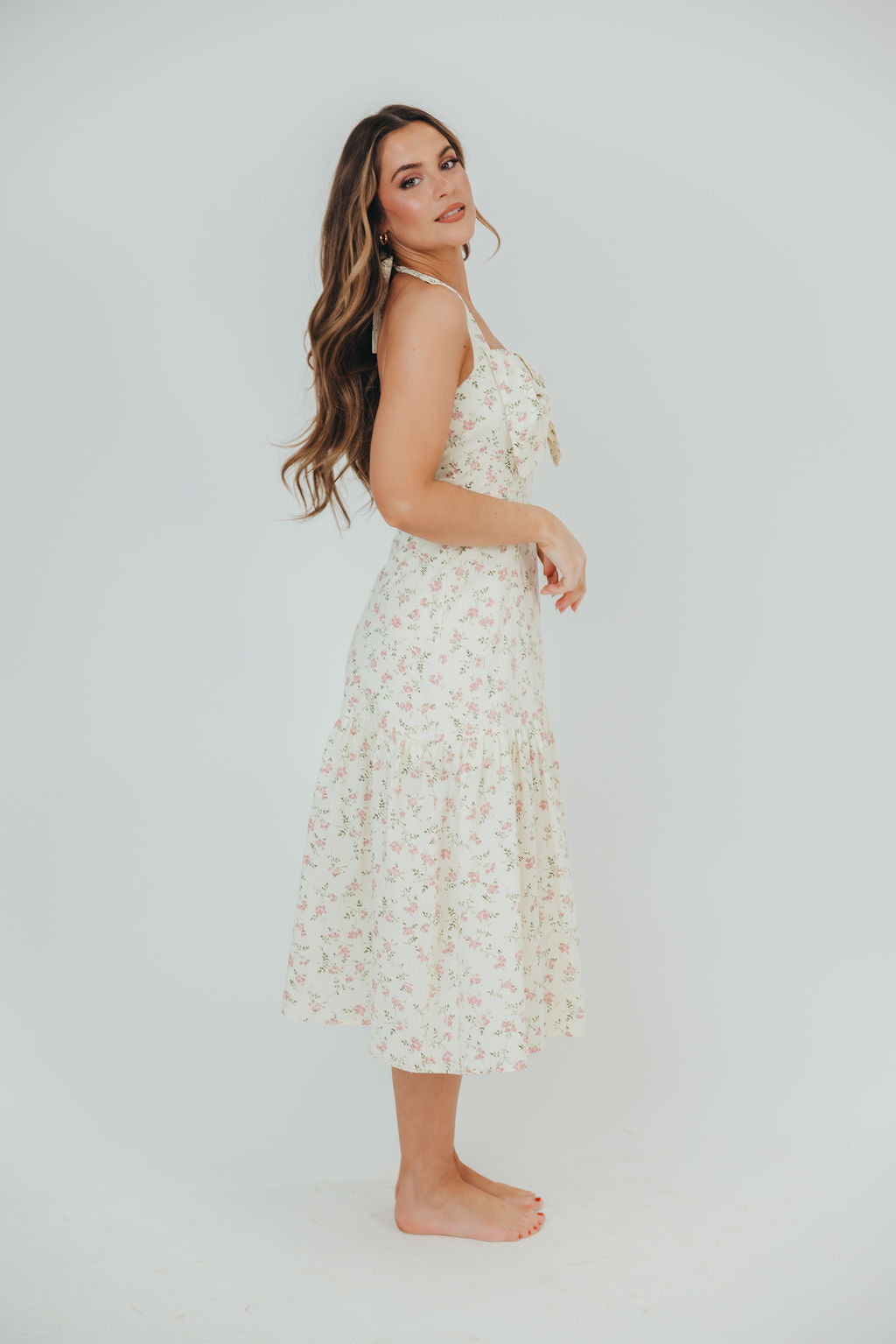 Taylor 100% Cotton Midi Dress with Bow Detail in Cream & Pink Floral