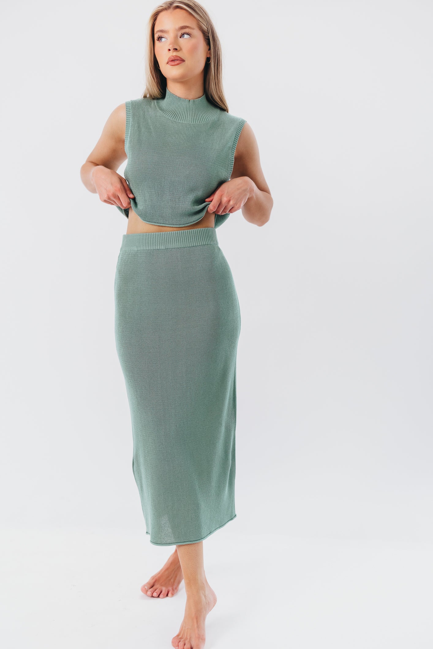 Cassie Knit Mockneck Top in Teal Green