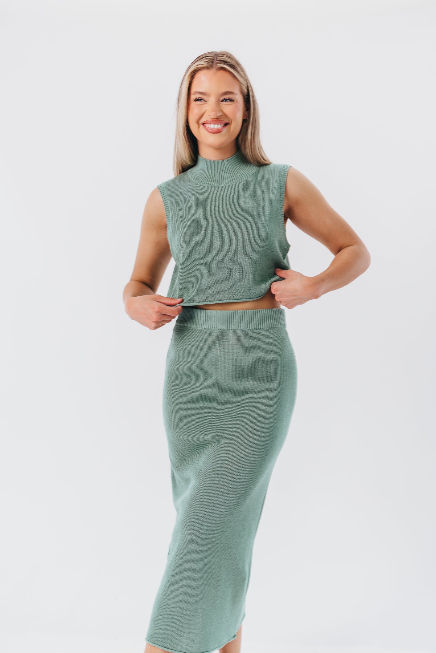 Cassie Knit Midi Skirt in Teal Green