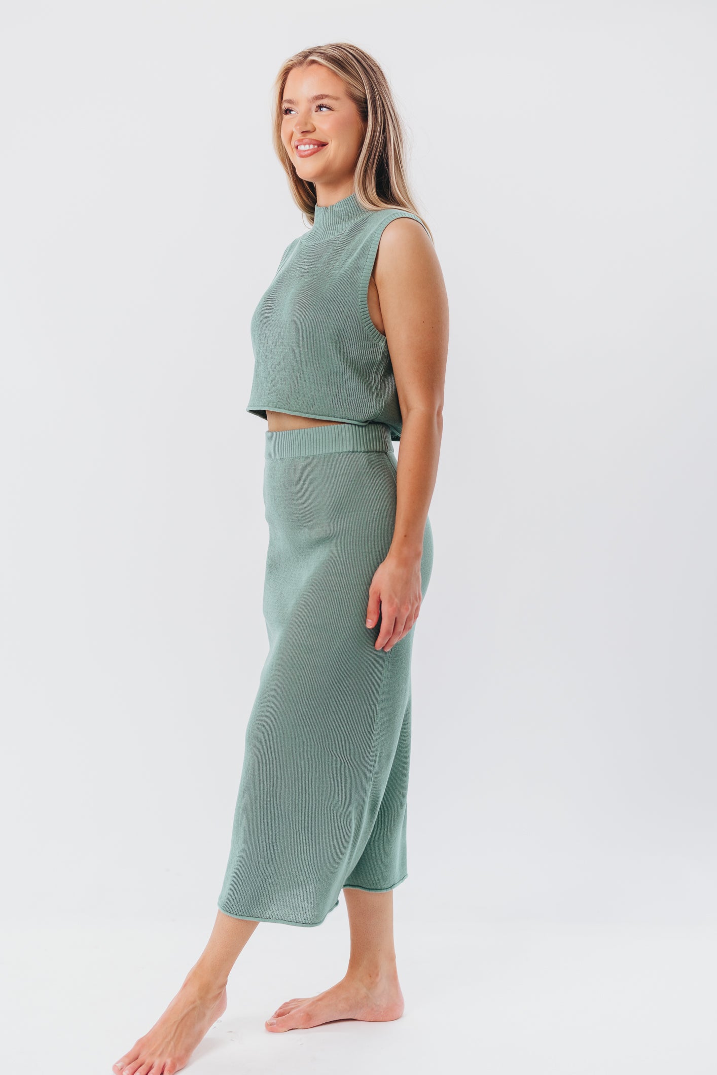 Cassie Knit Midi Skirt in Teal Green