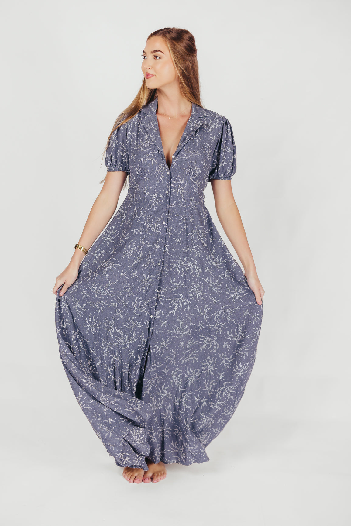 Mariah Collared Button-Down Maxi Dress in Faded Chambray Floral - Nursing Friendly