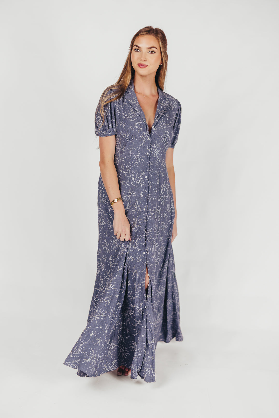 Mariah Collared Button-Down Maxi Dress in Faded Chambray Floral - Nursing Friendly