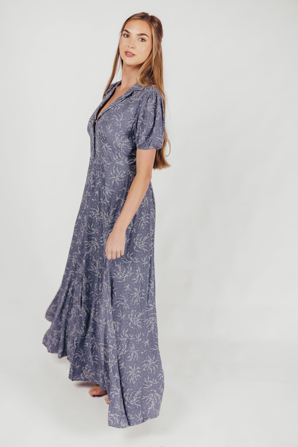 Mariah Collared Button-Down Maxi Dress in Faded Chambray Floral - Nursing Friendly