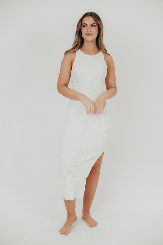 Kelly Knit Tank Midi Dress with High Slit in Ivory