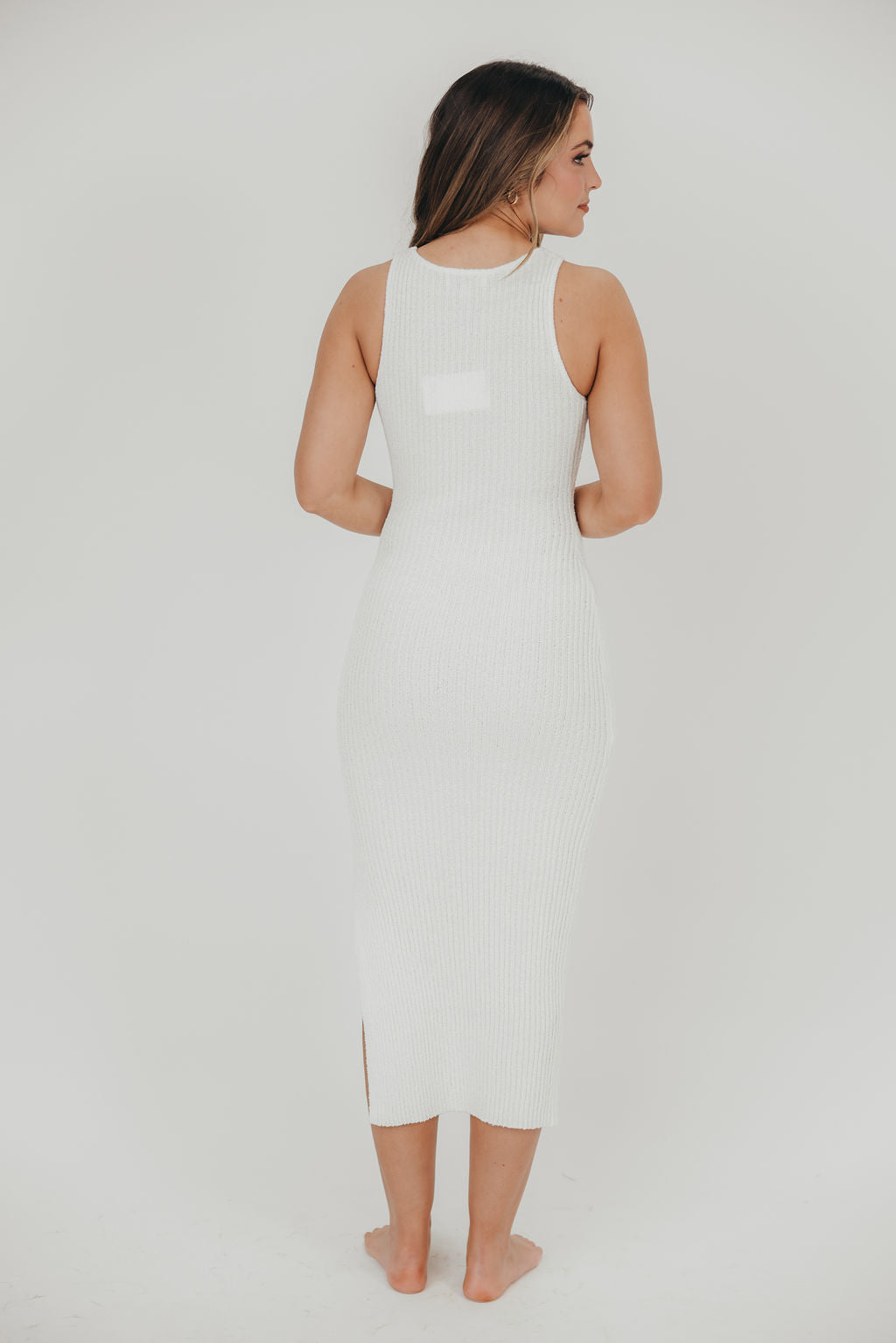 Kelly Knit Tank Midi Dress with High Slit in Ivory