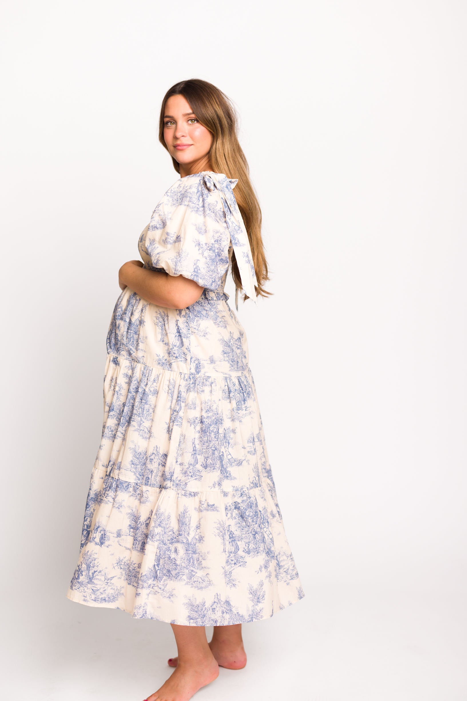 Elena 100% Cotton Toile Print Smocked Midi Dress in Blue