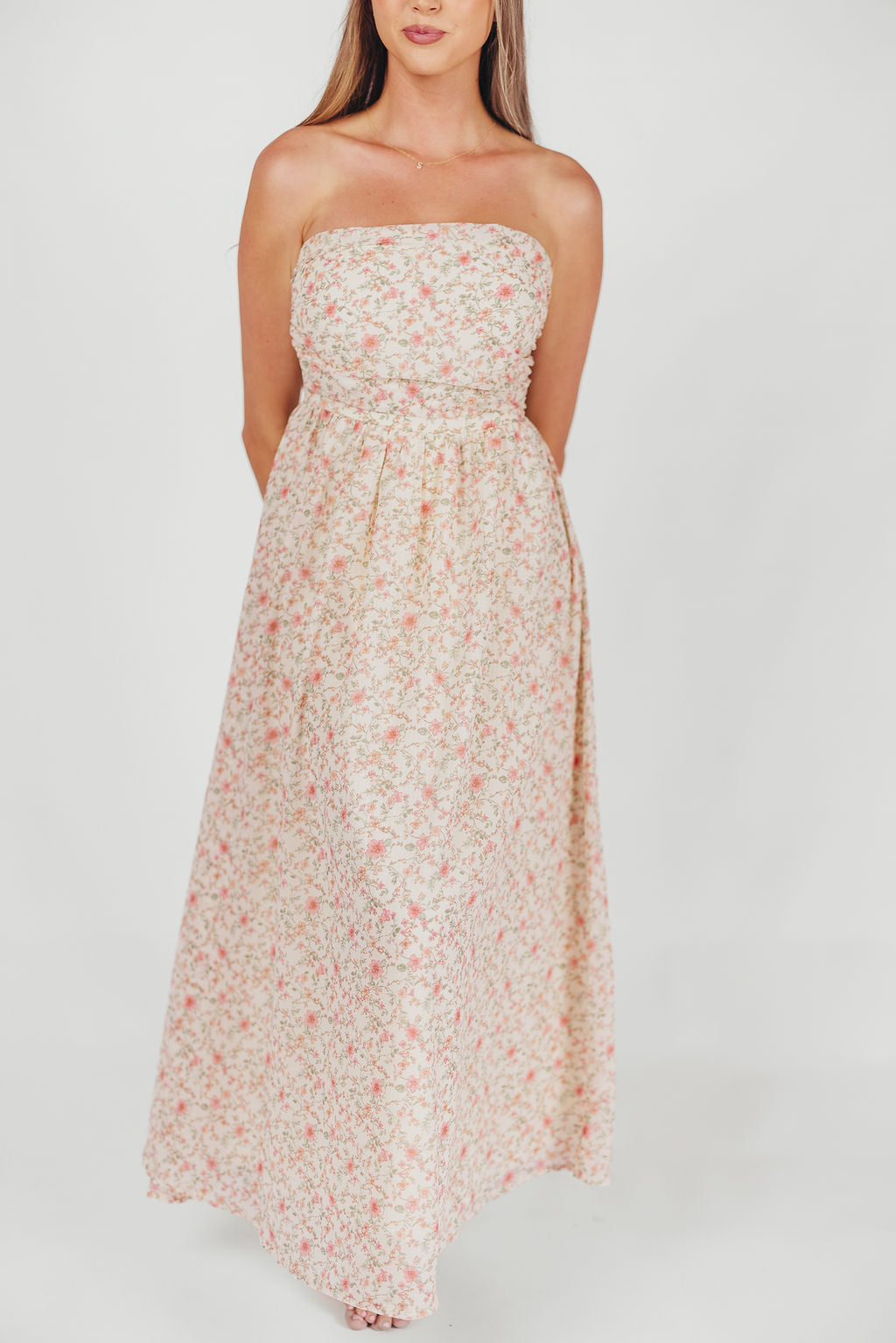 Brenna Strapless Maxi Dress with Ruching Detail Midi in Cream