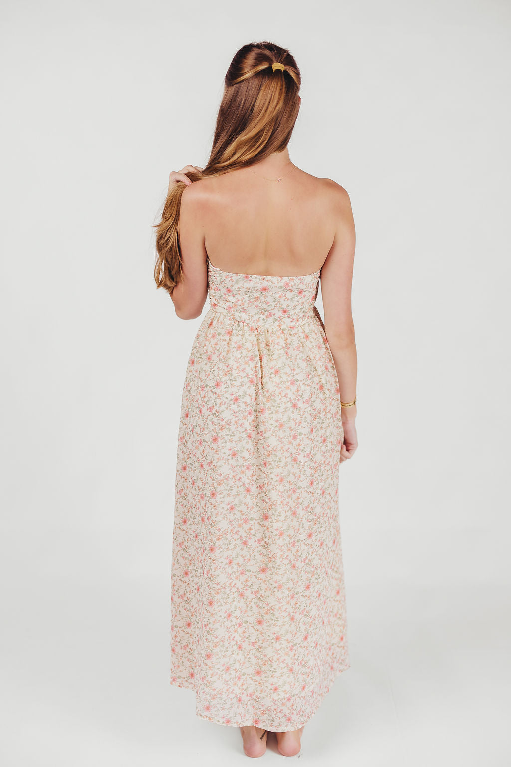 Brenna Strapless Maxi Dress with Ruching Detail Midi in Cream