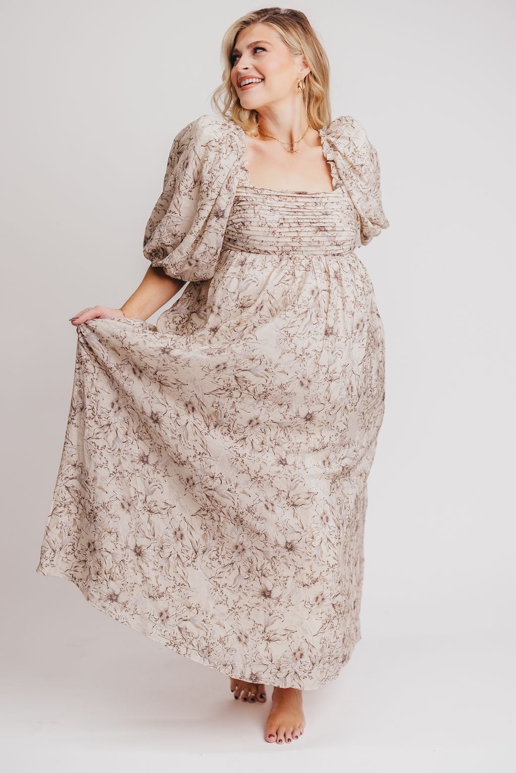 Melody Maxi Dress with Pleats and Bow Detail in Brown and Blue Floral - Bump Friendly & Inclusive Sizing (S-3XL) (Sale Dress of the Week $40 off!)