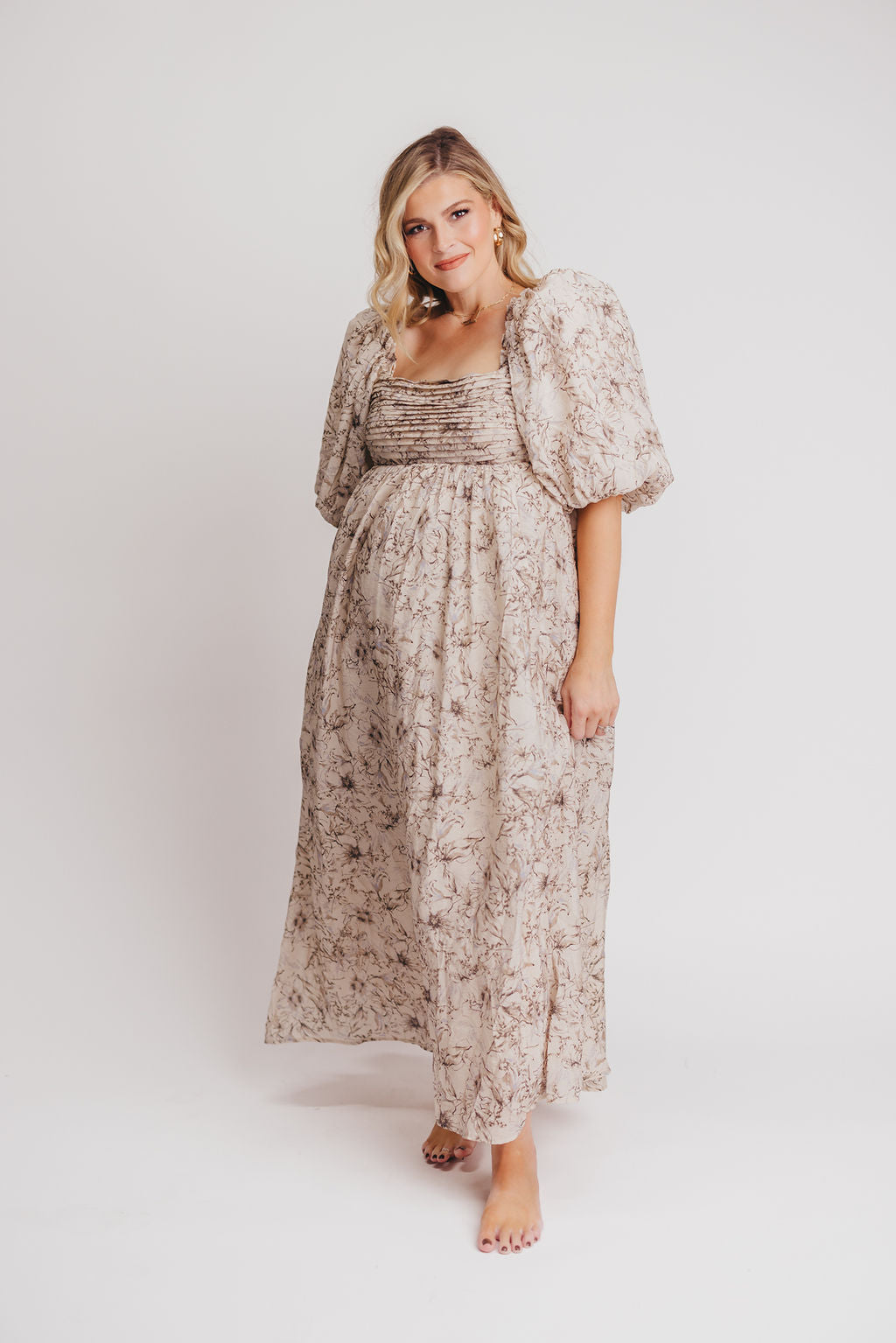 Melody Maxi Dress with Pleats and Bow Detail in Brown and Blue Floral - Bump Friendly & Inclusive Sizing (S-3XL)