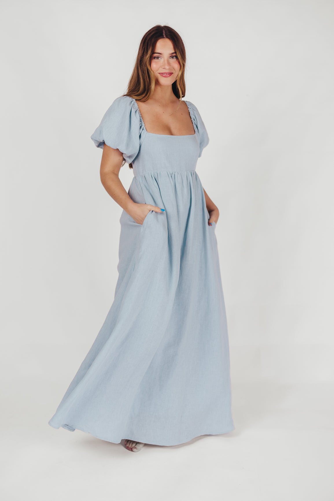 Candace Maxi Dress in Light Blue - 100% Linen - Bump Friendly