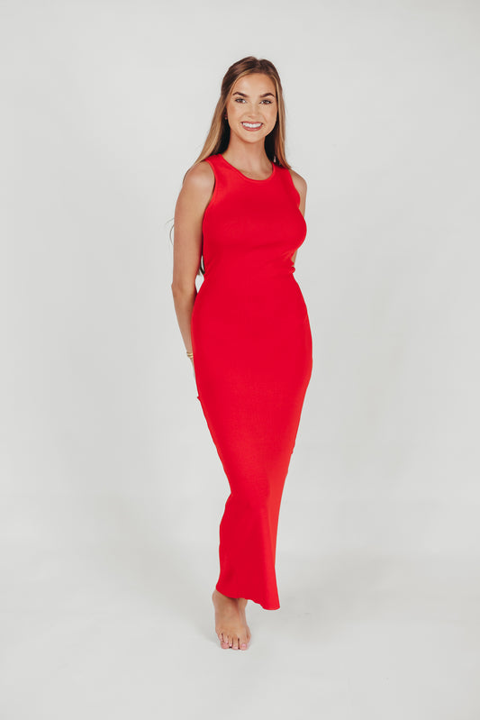 Giselle Sweater Knit Midi Dress with Cut-Out Back in Tomato Red