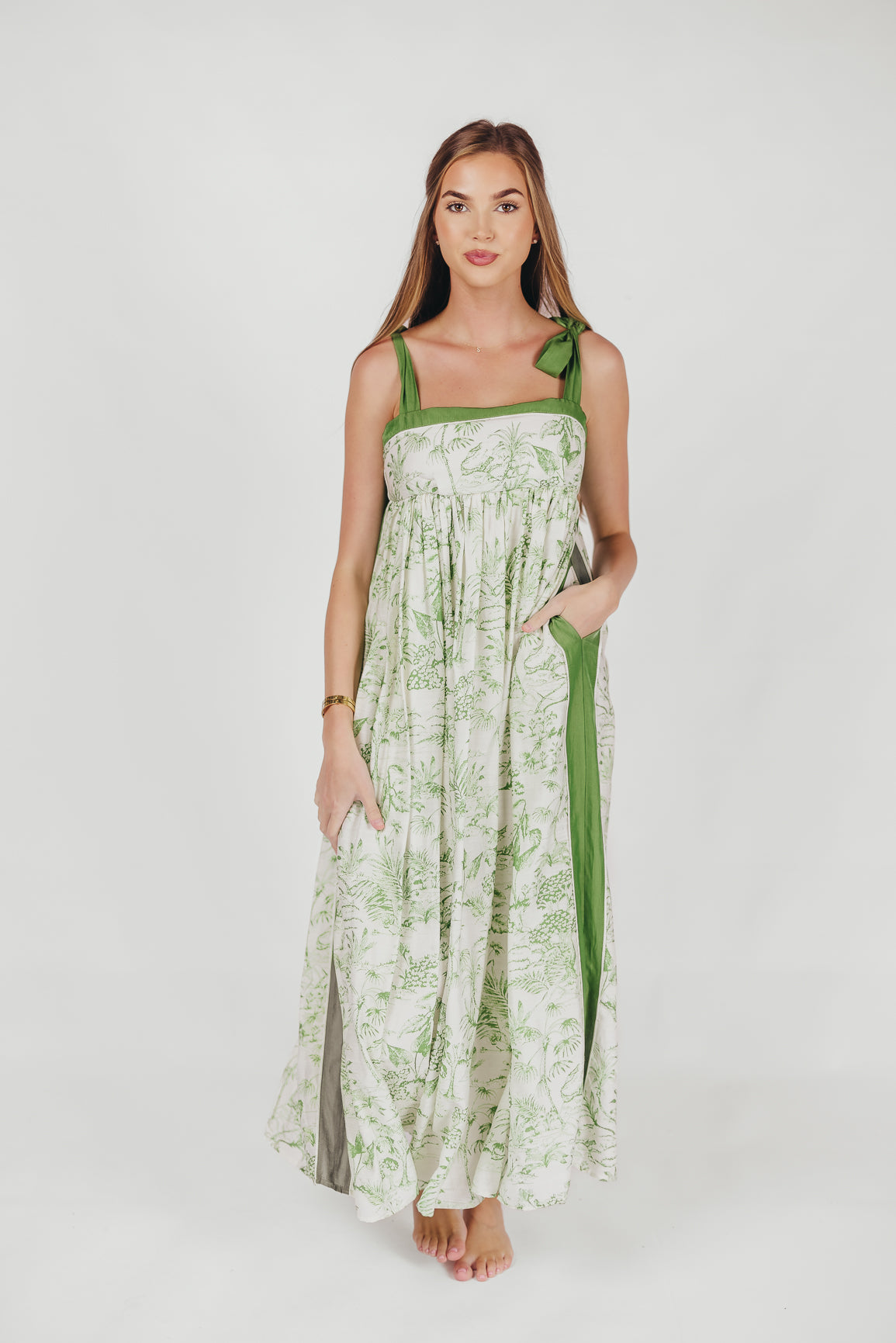 Sunny Floral Maxi Dress with Tie Straps in Green Palm