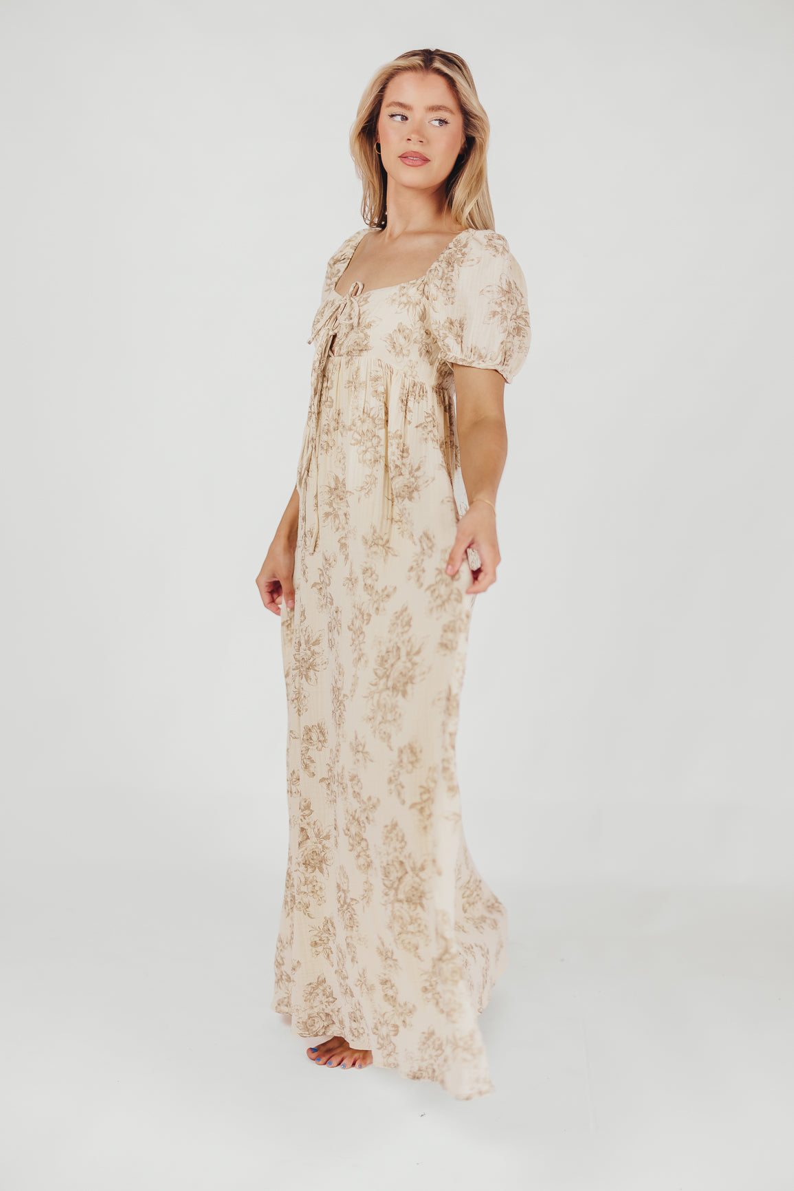 Haven 100% Cotton Tie-Front Maxi Dress in Taupe/Brown Floral