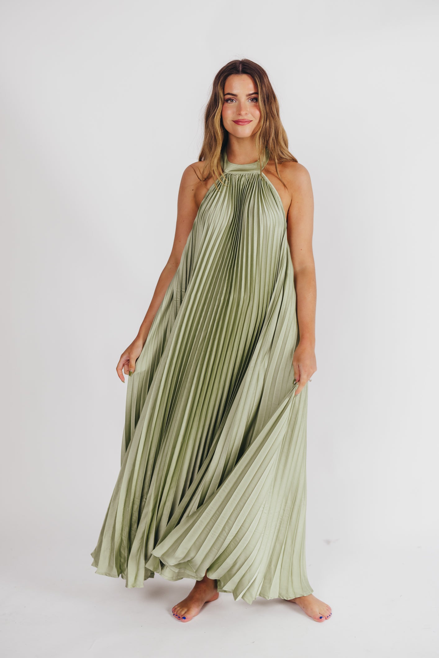 Maren Pleated Halter Maxi Dress in Sage - Bump Friendly (S-XL) Almost Sold Out!