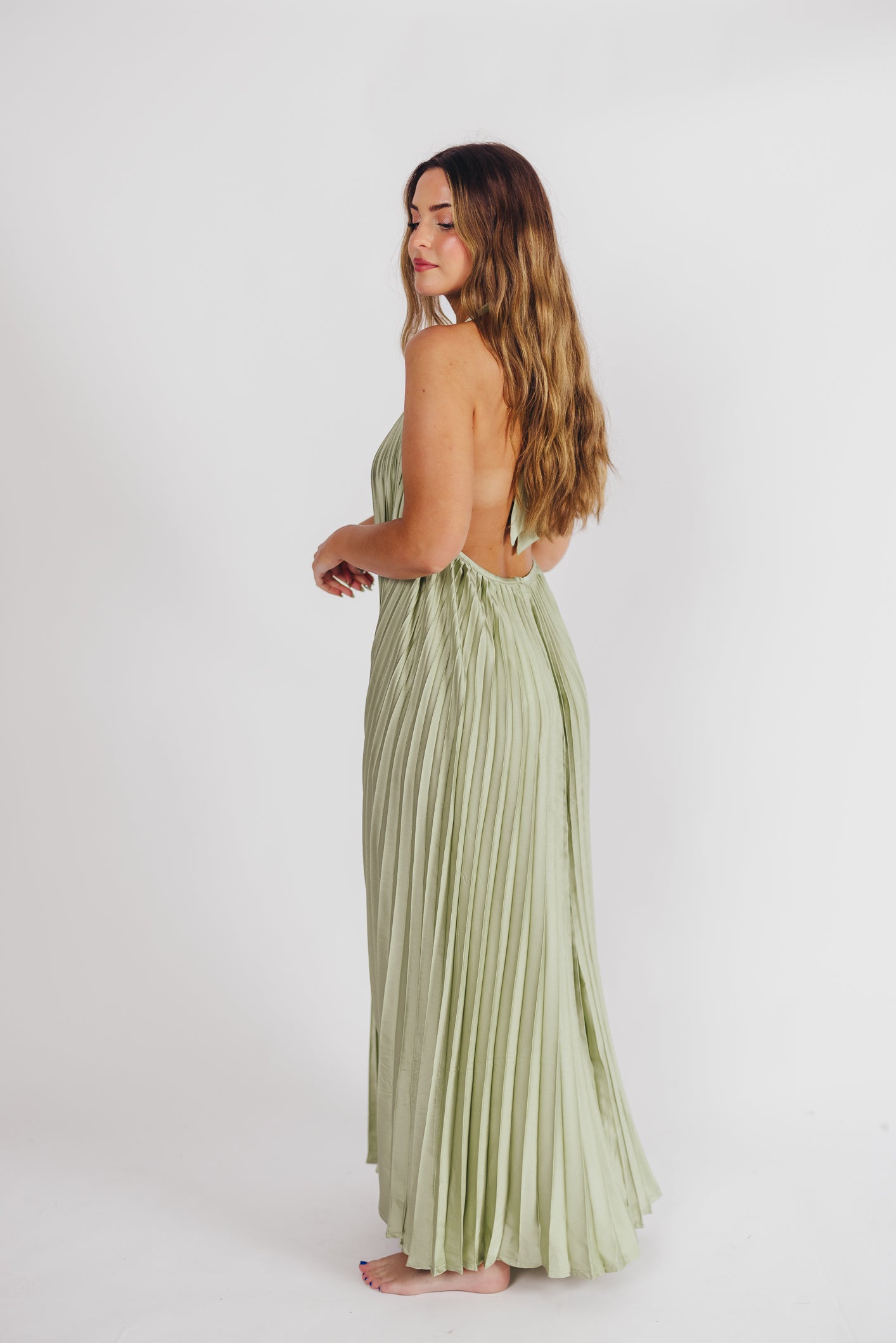 Maren Pleated Halter Maxi Dress in Sage - Bump Friendly (S-XL) Almost Sold Out!