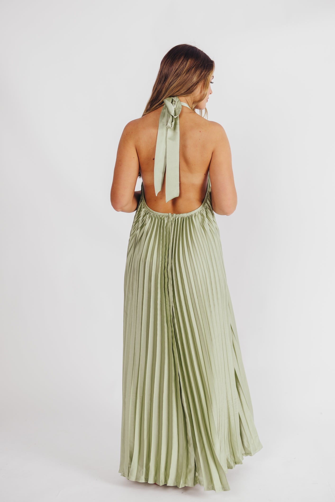 Maren Pleated Halter Maxi Dress in Sage - Bump Friendly (S-XL) Almost Sold Out!