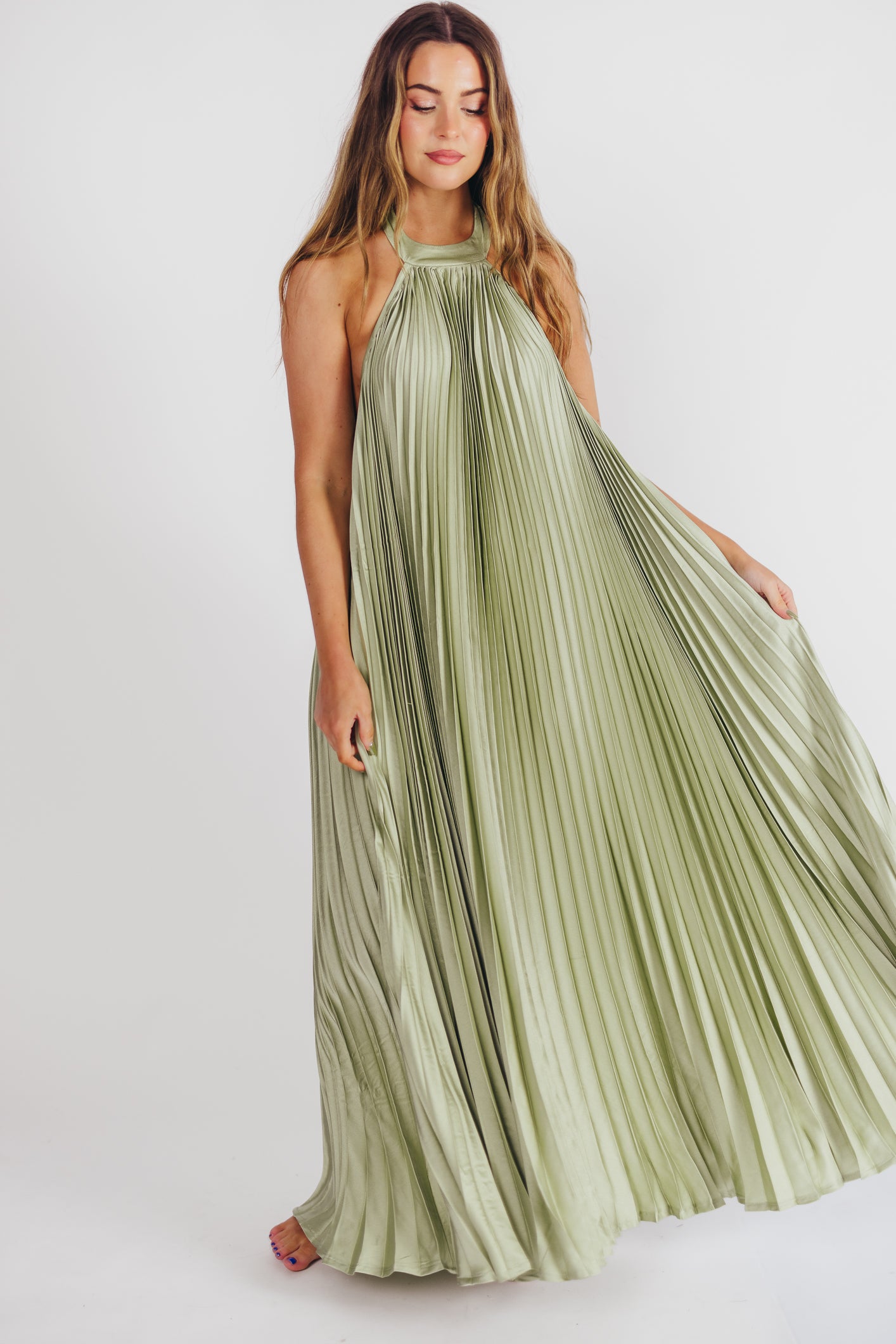 Maren Pleated Halter Maxi Dress in Sage - Bump Friendly (S-XL) Almost Sold Out!