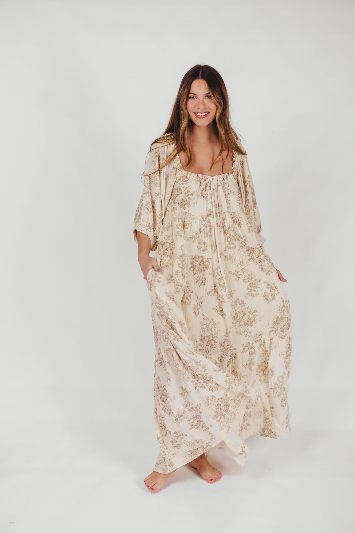 Cara 100% Cotton Maxi Dress in Brown Floral (Restocking End of Sept)