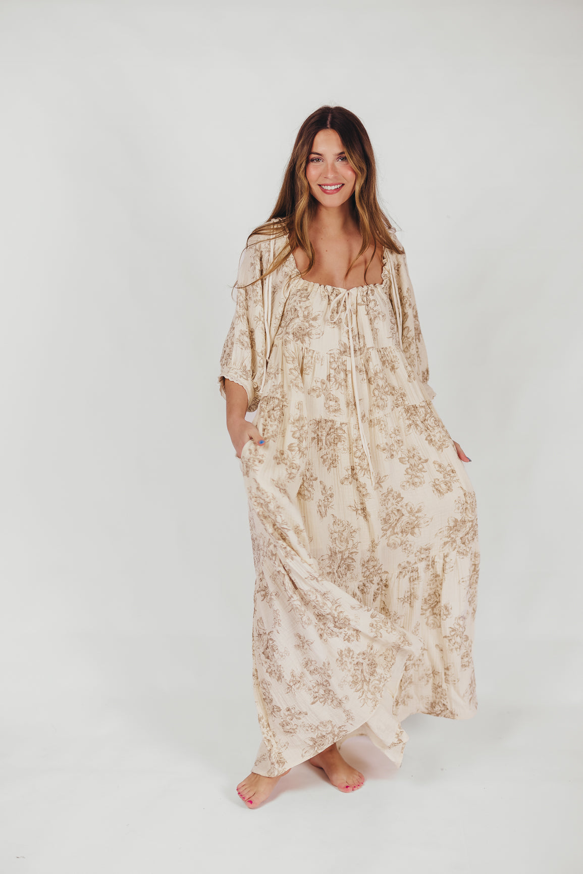 Cara 100% Cotton Maxi Dress in Brown Floral (Low Stock)
