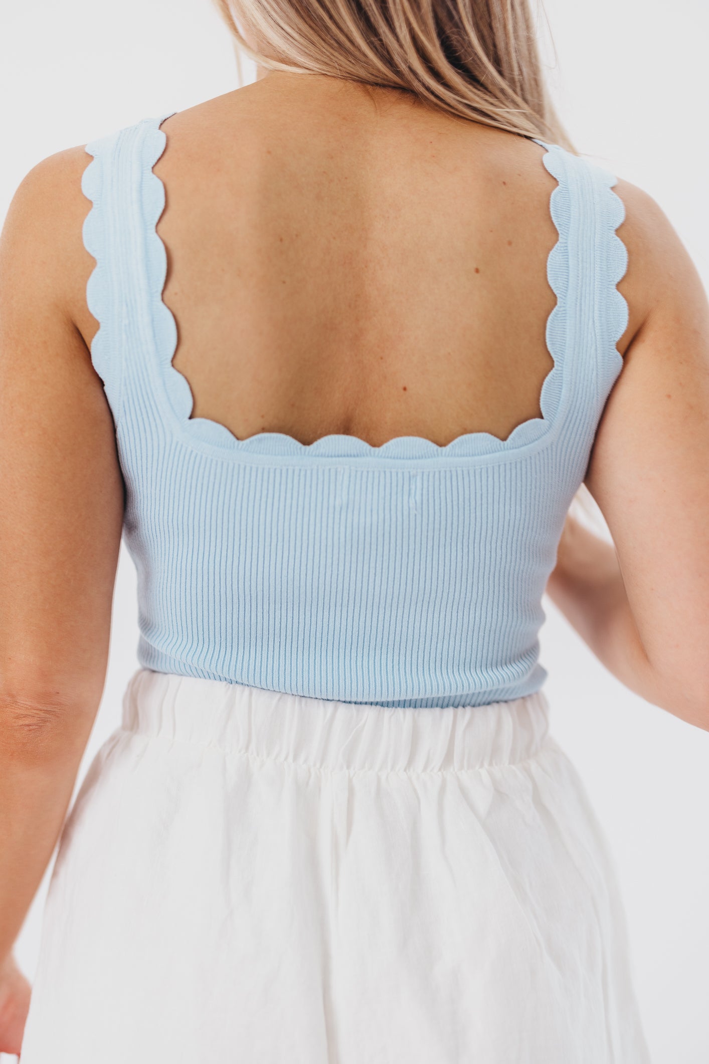 Gretel Knit Bodysuit with Scalloped Neckline in Light Blue