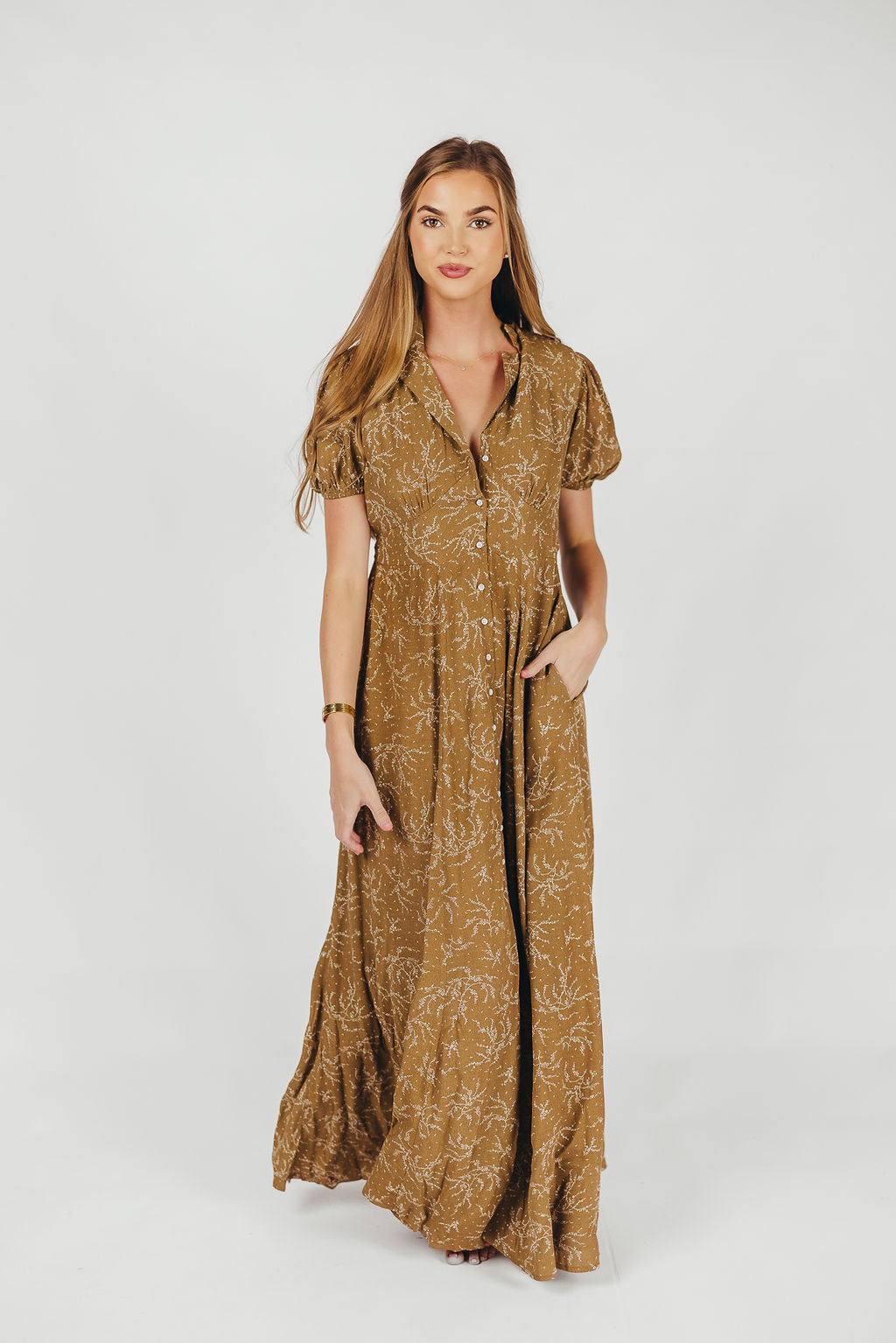 Mariah Collared Button Down Maxi Dress in Coconut Floral Nursing Friendly